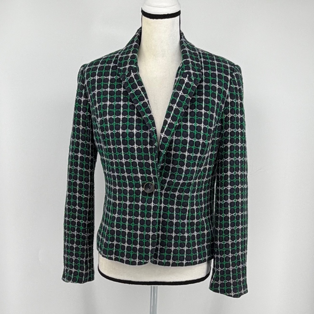 Pendleton Women's Blazer Silk Cotton Green Navy White Plaid 10 Academia